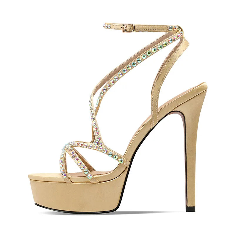Arden Furtado Silk Round Toe Open Toe Platform Super High Heel Sexy Crystal Word-Cingulate Ankle Strap Sandals