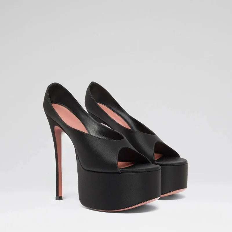 Arden Furtado Silver Bright leather Peep toe Slippers Round toe Platform Super high heel Word slippers Modern Mules