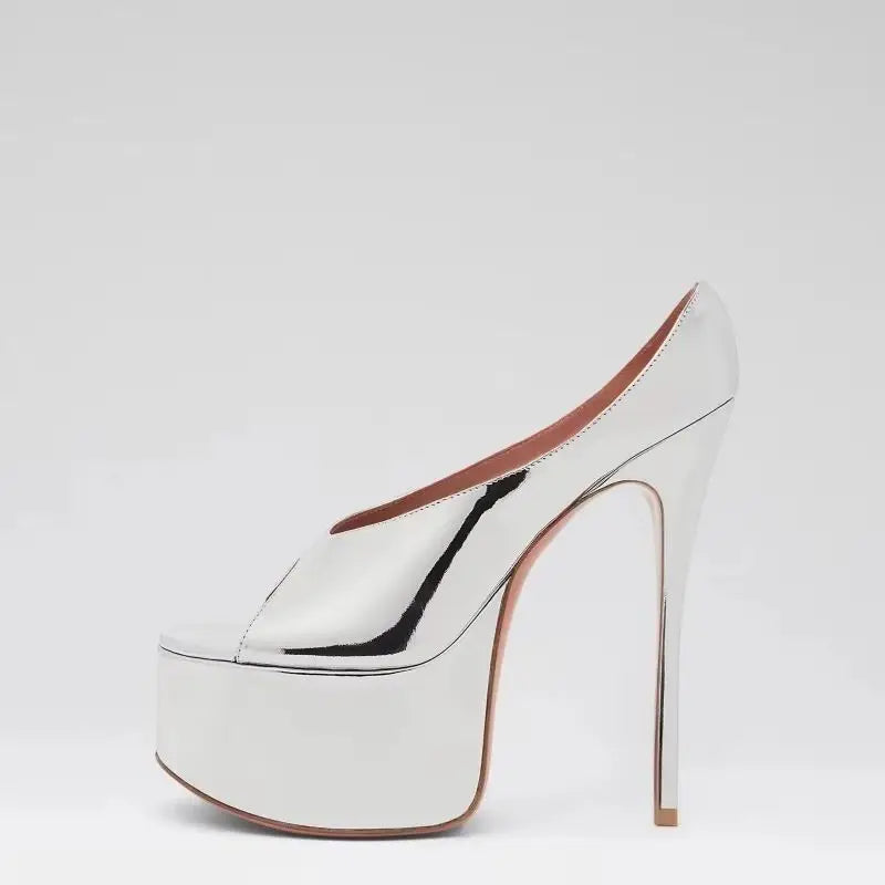 Arden Furtado Silver Bright leather Peep toe Slippers Round toe Platform Super high heel Word slippers Modern Mules