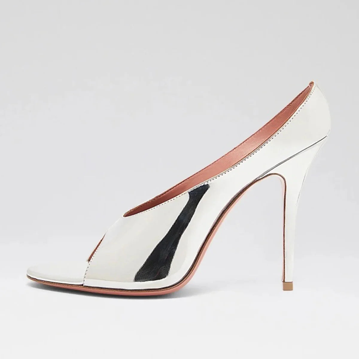 Arden Furtado Silver Bright leather Peep toe Slippers Round toe pull-on Super high heel Sexy Word slippers Banquet shoes