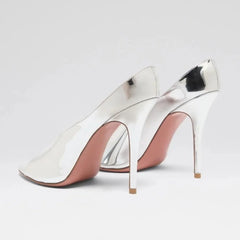 Arden Furtado Silver Bright leather Peep toe Slippers Round toe pull-on Super high heel Sexy Word slippers Banquet shoes