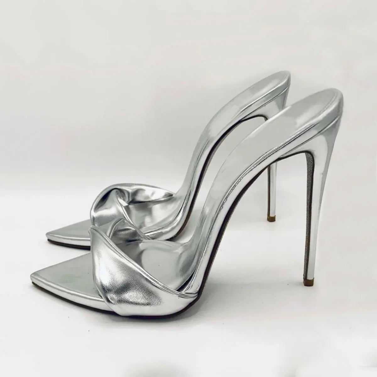 Arden Furtado Silver Metal leather Pointed Slip-on Thin heel Super high heel Sexy Word slippers Tangle Banquet shoes