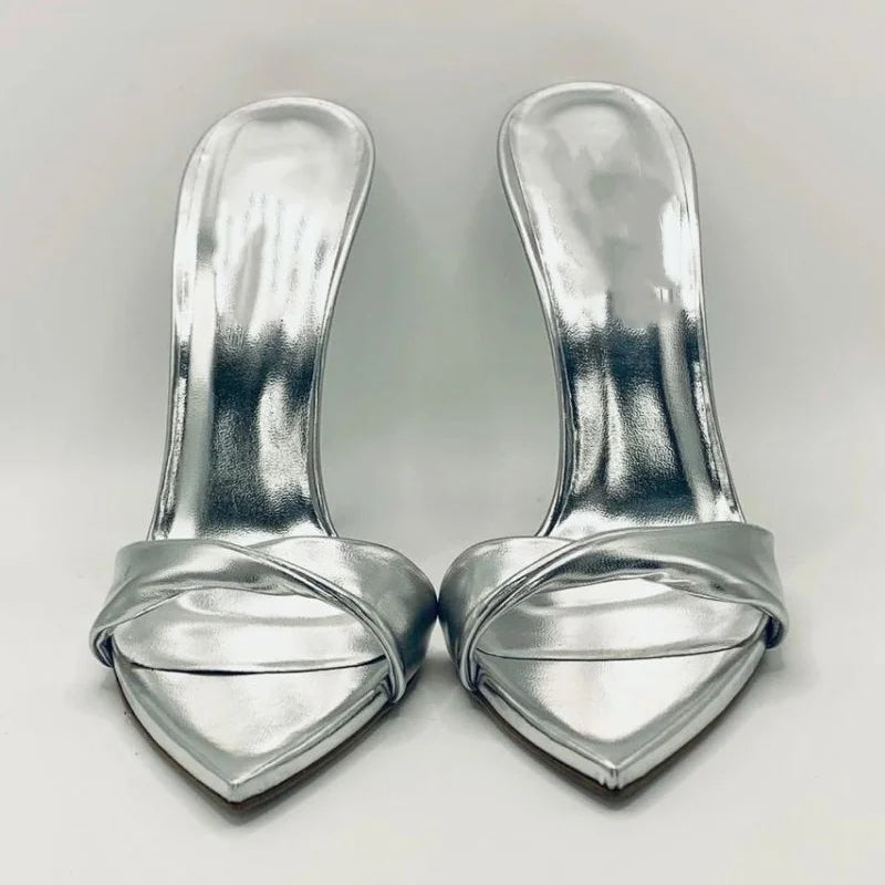 Arden Furtado Silver Metal leather Pointed Slip-on Thin heel Super high heel Sexy Word slippers Tangle Banquet shoes