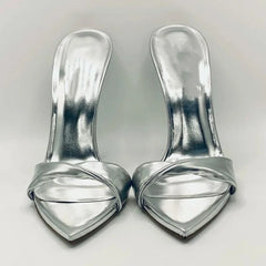 Arden Furtado Silver Metal leather Pointed Slip-on Thin heel Super high heel Sexy Word slippers Tangle Banquet shoes