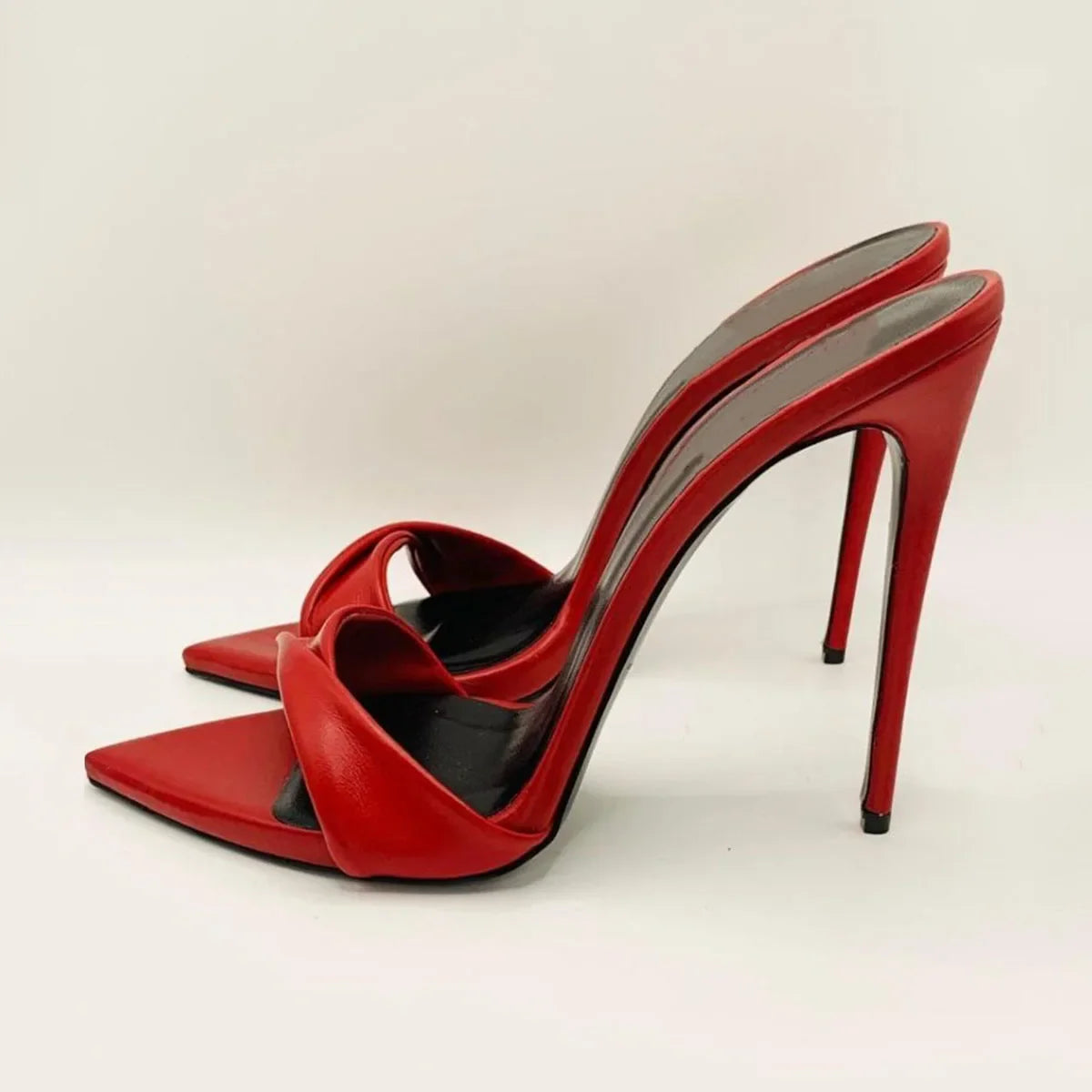 Arden Furtado Silver Metal leather Pointed Slip-on Thin heel Super high heel Sexy Word slippers Tangle Banquet shoes