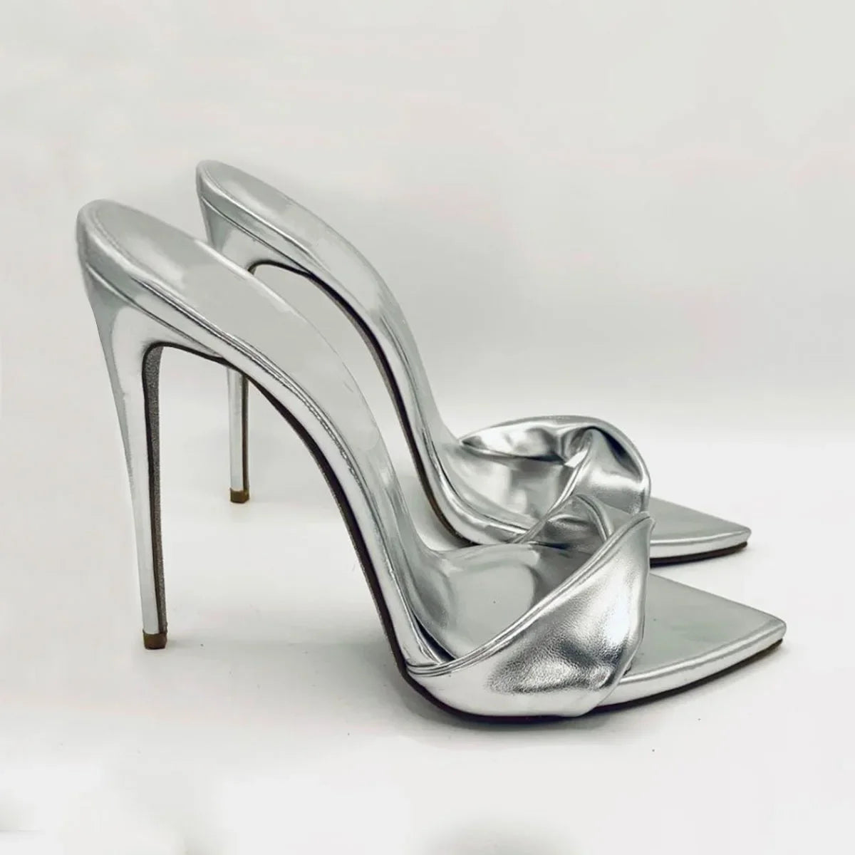 Arden Furtado Silver Metal leather Pointed Slip-on Thin heel Super high heel Sexy Word slippers Tangle Banquet shoes