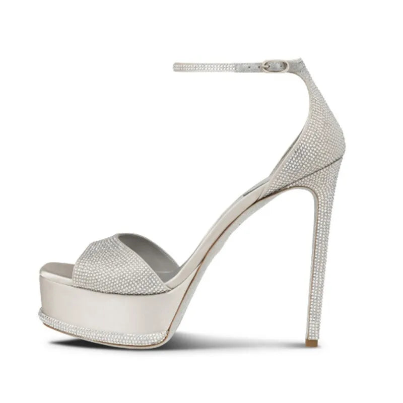 Arden Furtado Silver Waterproof Super high heel Crystal Rhinestone Open toe Gold Stilettos Sandals Cover Heels