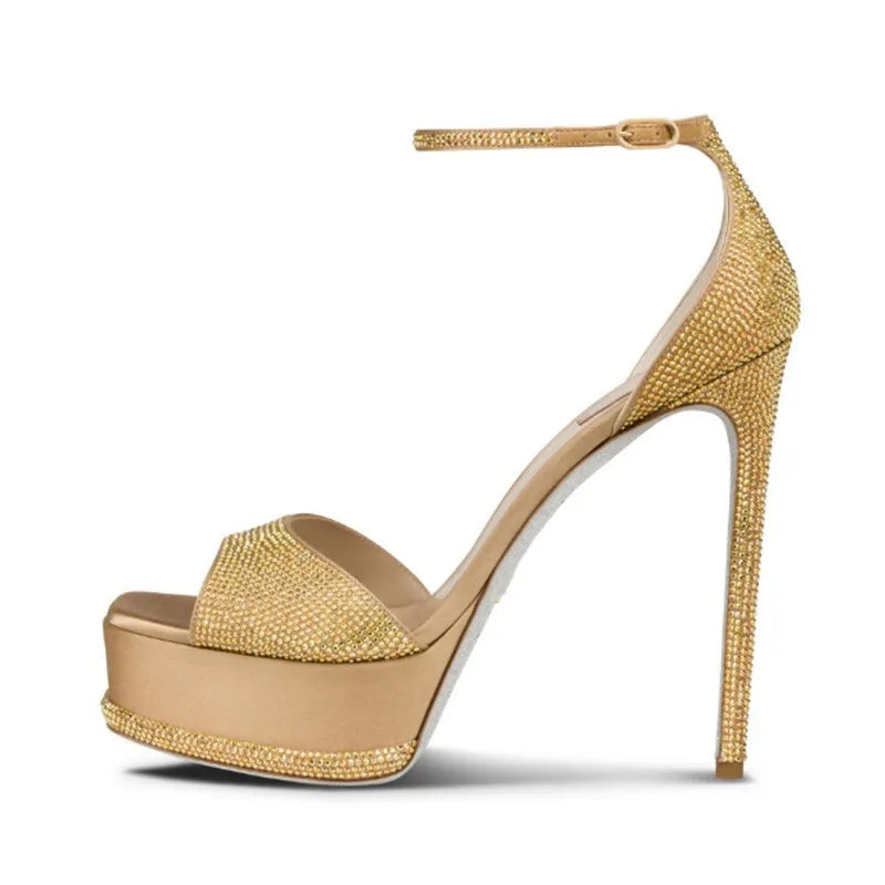 Arden Furtado Silver Waterproof Super high heel Crystal Rhinestone Open toe Gold Stilettos Sandals Cover Heels