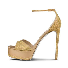 Arden Furtado Silver Waterproof Super high heel Crystal Rhinestone Open toe Gold Stilettos Sandals Cover Heels