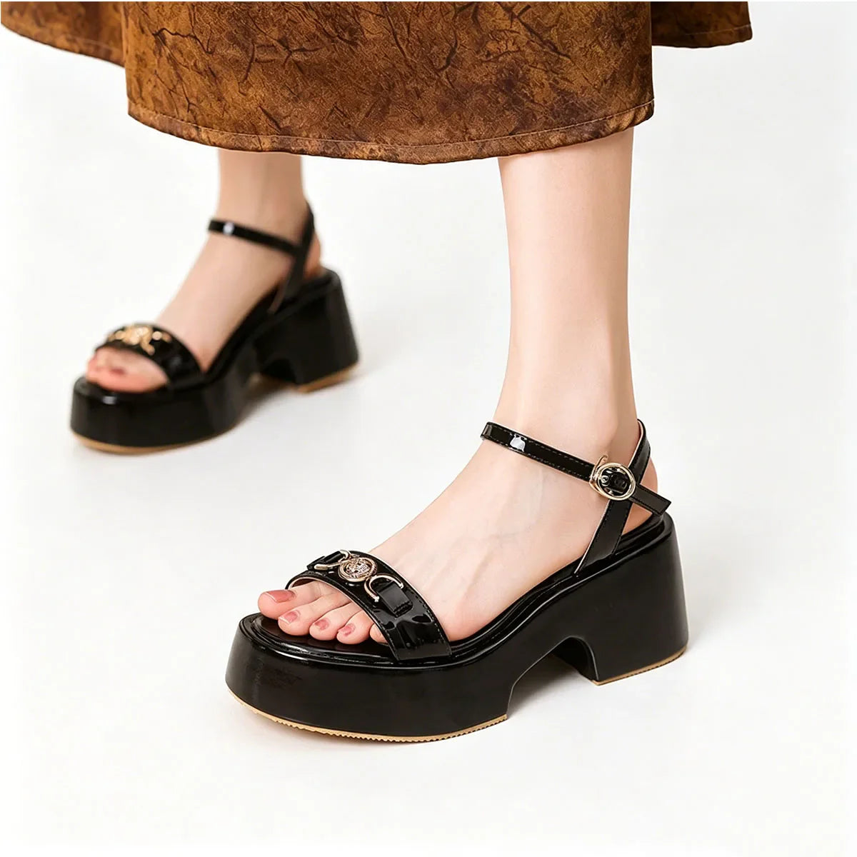 Arden Furtado Silver cowhide Metal buckle Wedges Sandals Round toe platform Open toe High-heeled One word buckle Sandals