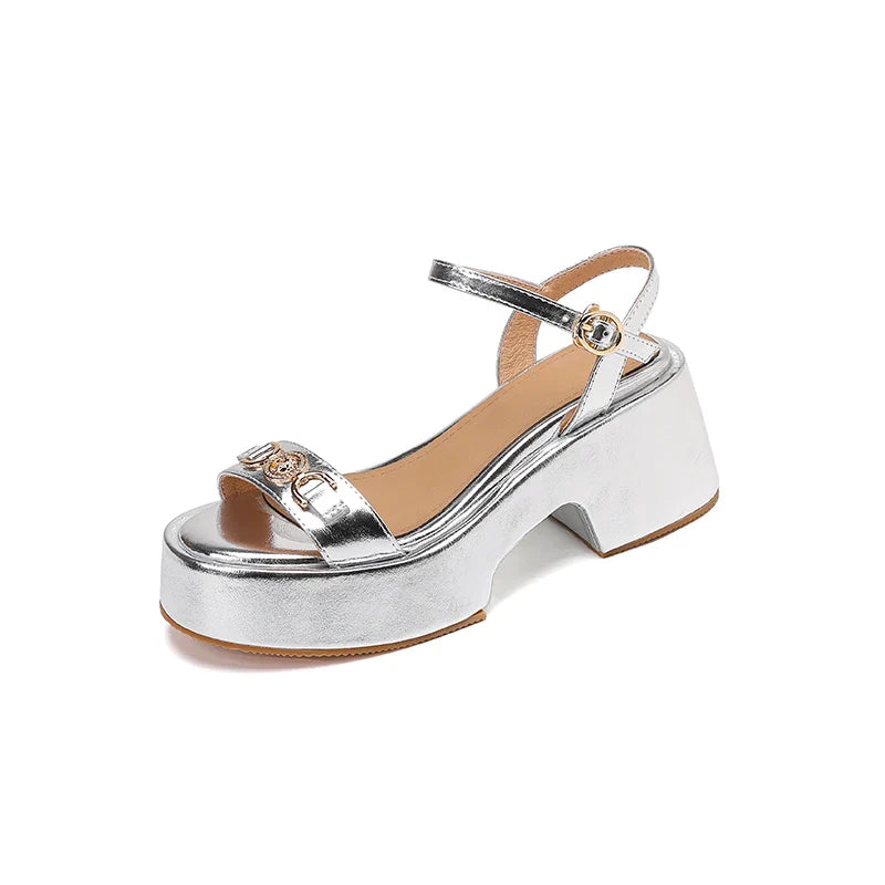 Arden Furtado Silver cowhide Metal buckle Wedges Sandals Round toe platform Open toe High-heeled One word buckle Sandals