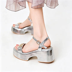 Arden Furtado Silver cowhide Metal buckle Wedges Sandals Round toe platform Open toe High-heeled One word buckle Sandals