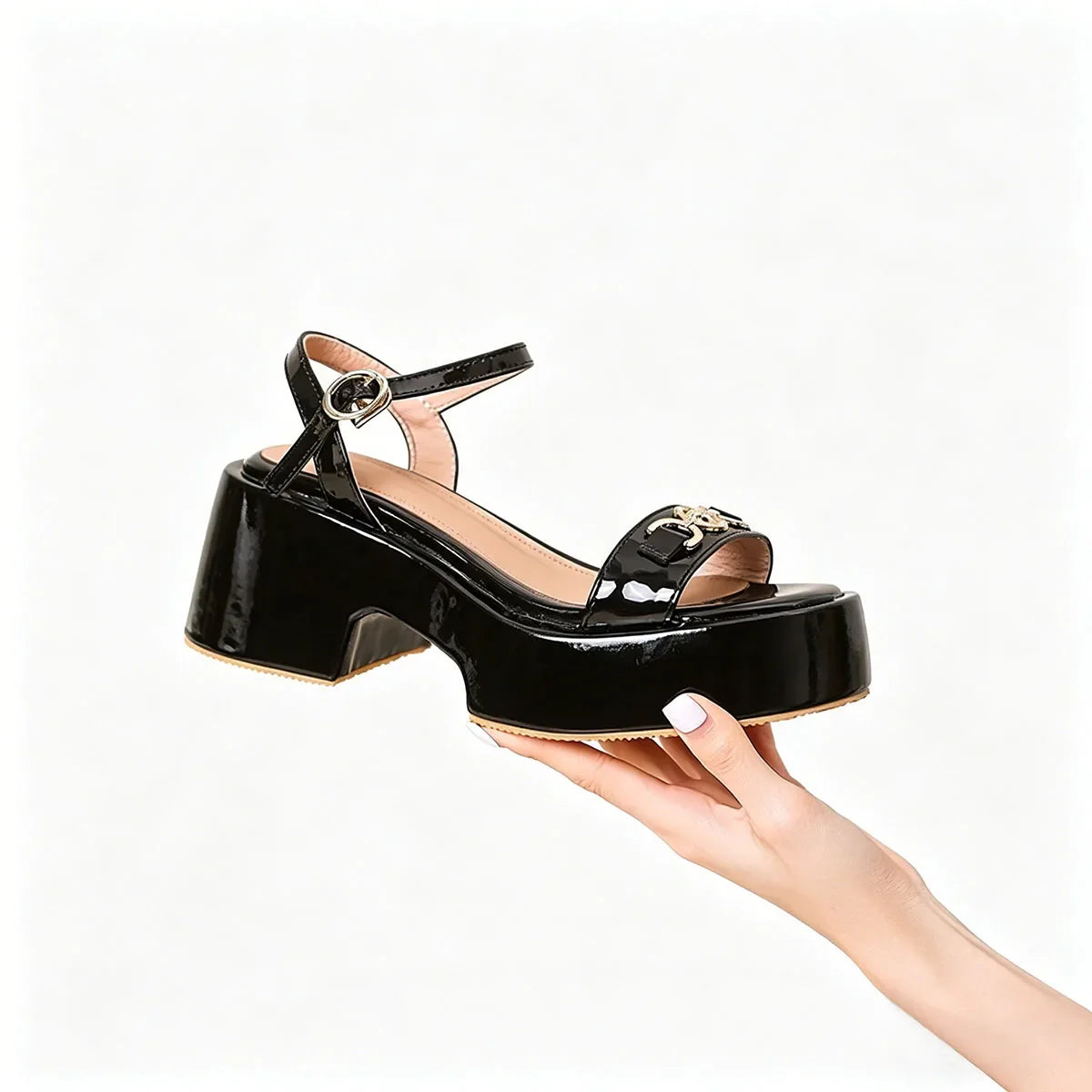 Arden Furtado Silver cowhide Metal buckle Wedges Sandals Round toe platform Open toe High-heeled One word buckle Sandals