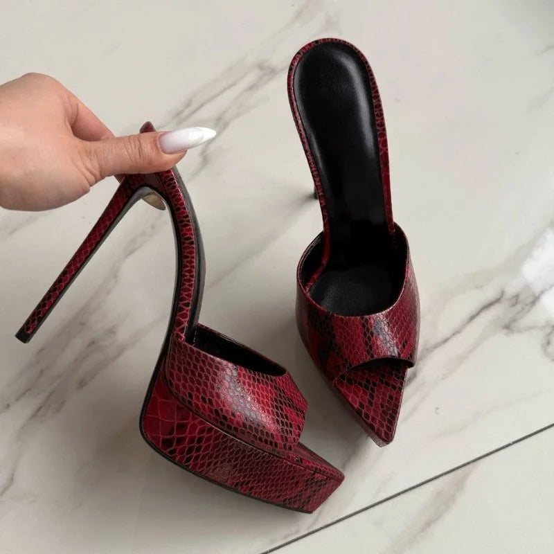 Arden Furtado Silver embossed leather Peep toe Slippers Pointed toe Platform Super high heel Word slippers Modern Mules