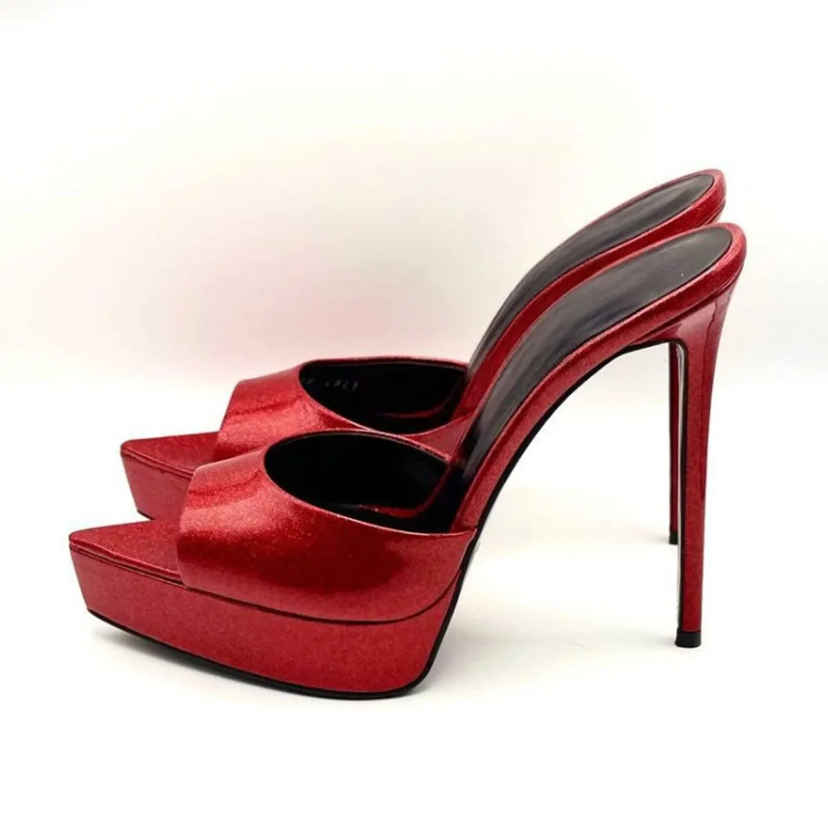 Arden Furtado Silver embossed leather Peep toe Slippers Pointed toe Platform Super high heel Word slippers Modern Mules