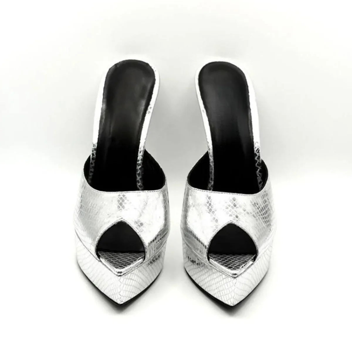 Arden Furtado Silver embossed leather Peep toe Slippers Pointed toe Platform Super high heel Word slippers Modern Mules