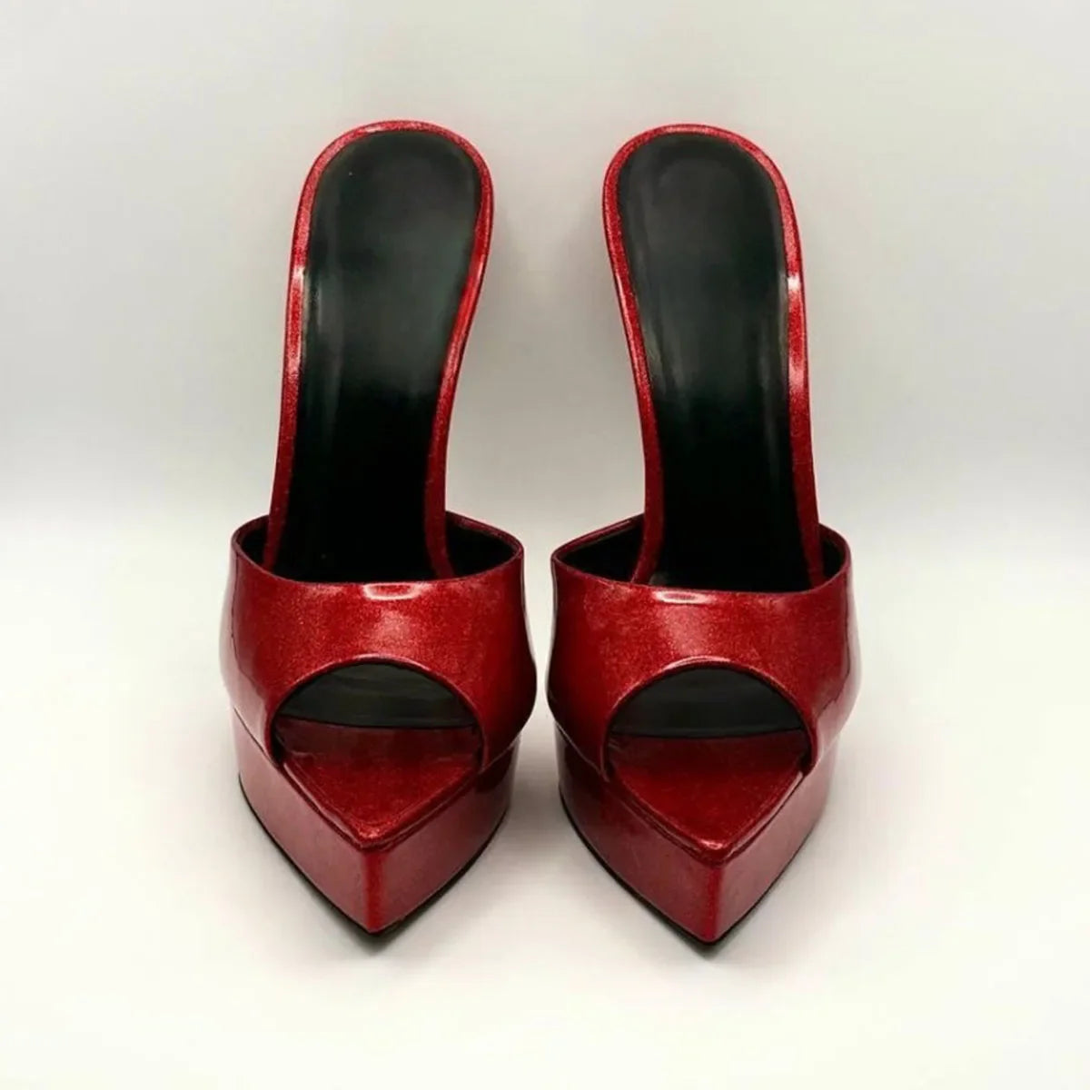 Arden Furtado Silver embossed leather Peep toe Slippers Pointed toe Platform Super high heel Word slippers Modern Mules