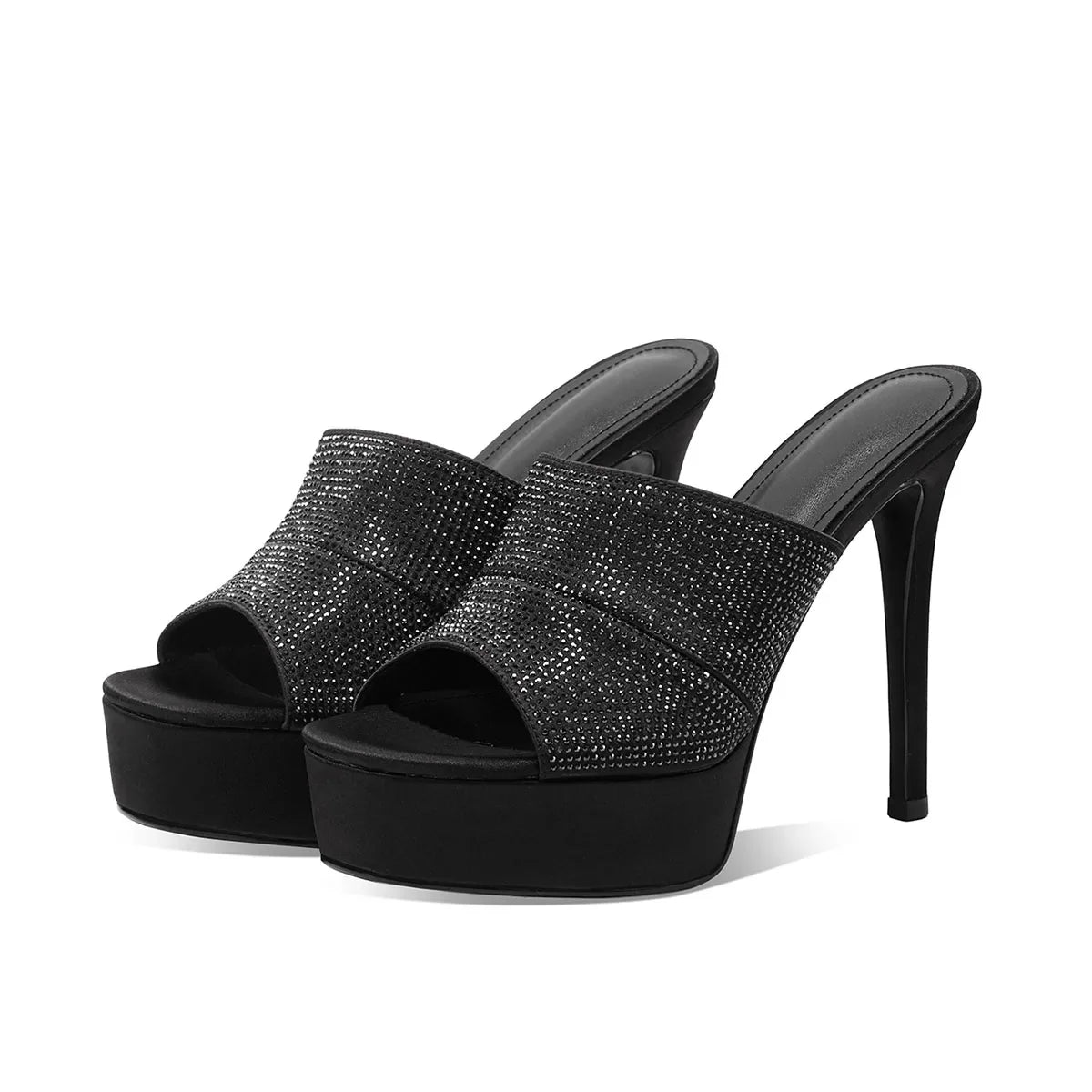 Arden Furtado Sliver Satin Peep toe Slippers Round toe Platform Super high heel Word slippers Crystal Banquet shoes