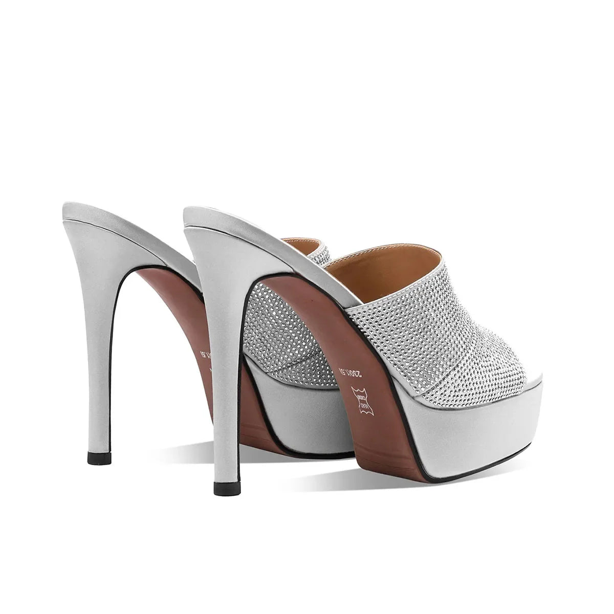 Arden Furtado Sliver Satin Peep toe Slippers Round toe Platform Super high heel Word slippers Crystal Banquet shoes