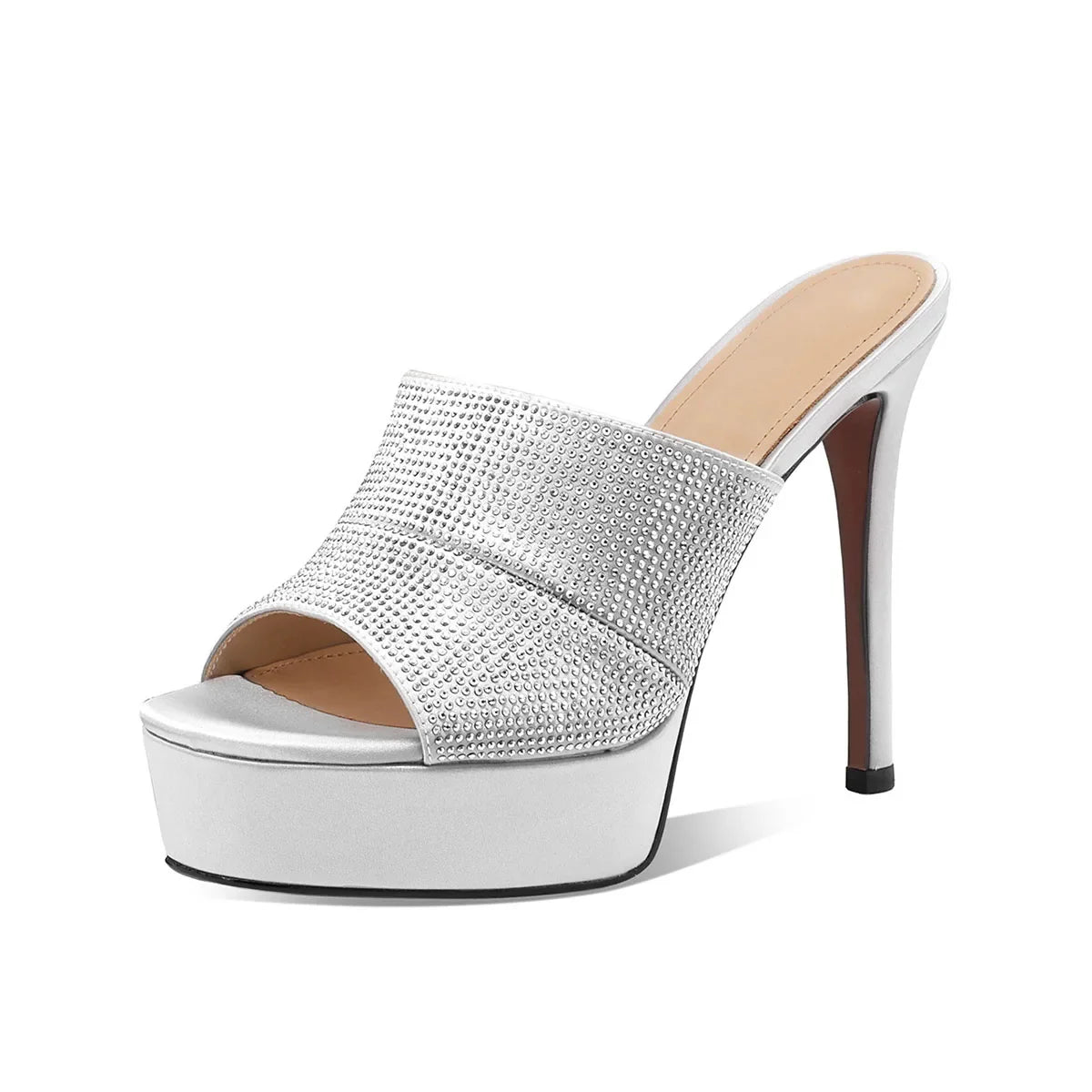 Arden Furtado Sliver Satin Peep toe Slippers Round toe Platform Super high heel Word slippers Crystal Banquet shoes