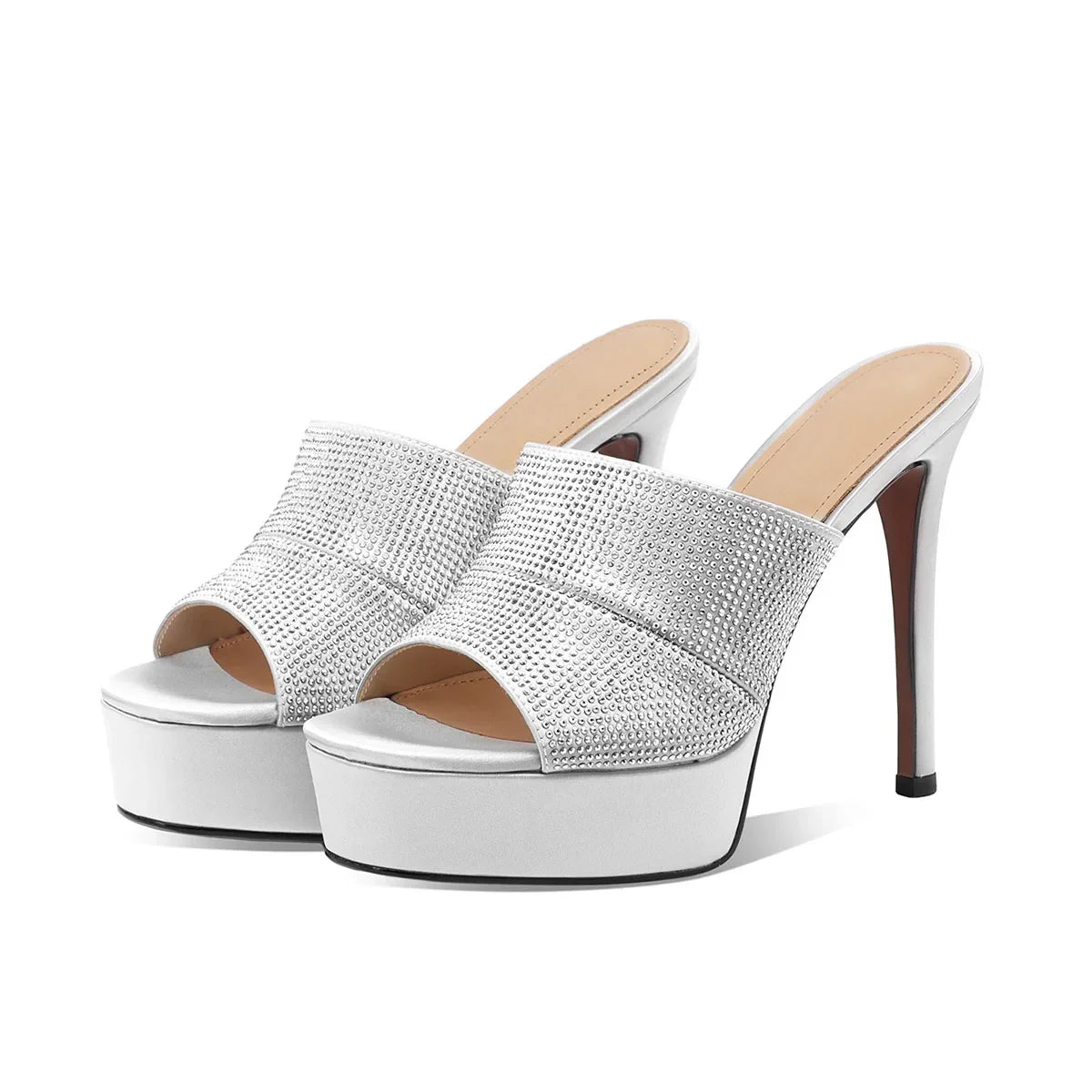 Arden Furtado Sliver Satin Peep toe Slippers Round toe Platform Super high heel Word slippers Crystal Banquet shoes