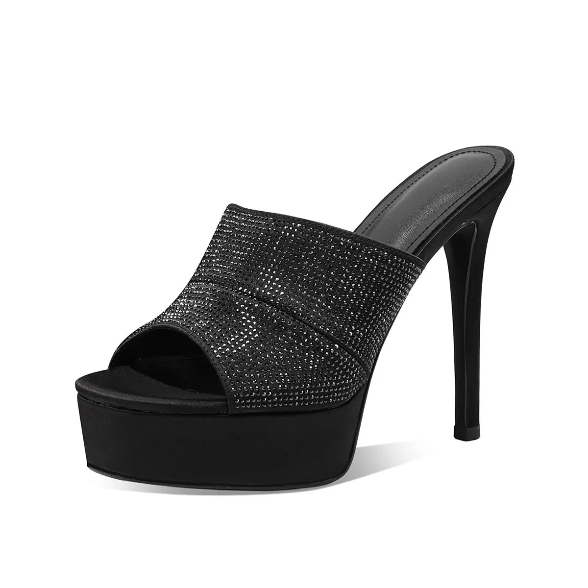 Arden Furtado Sliver Satin Peep toe Slippers Round toe Platform Super high heel Word slippers Crystal Banquet shoes
