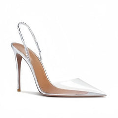 Arden Furtado Transparent PVC Crystal Banquet shoes Pointed toe Super high heel Back Strap closed-toe Sandals