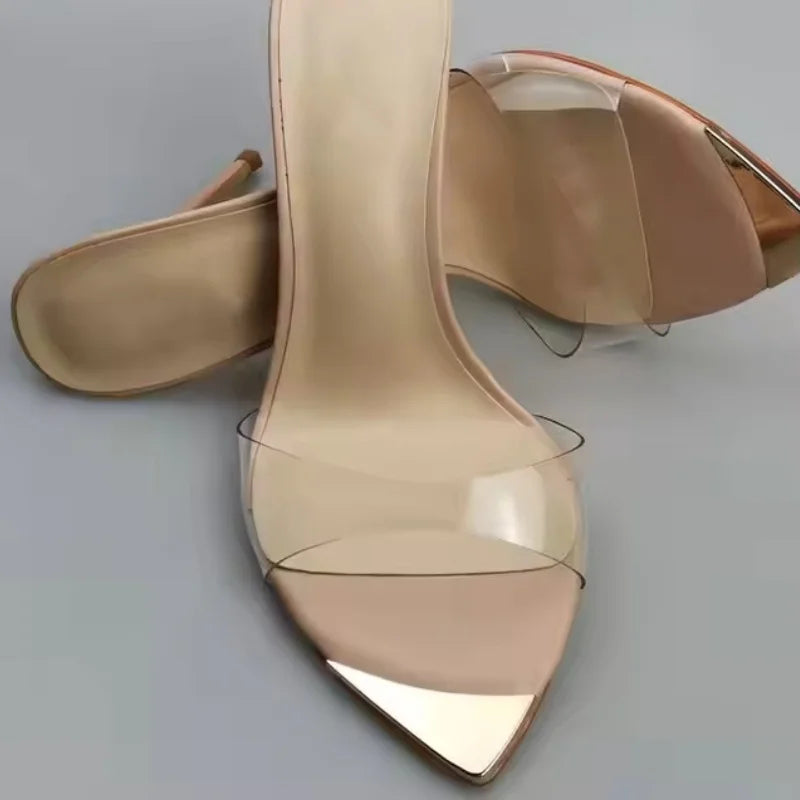 Arden Furtado Transparent PVC Mixed Colors Open Toe Metal Pointed Slip-On Super High Heel Word Slippers Extra Large Size