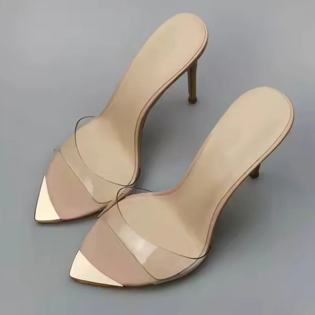 Arden Furtado Transparent PVC Mixed Colors Open Toe Metal Pointed Slip-On Super High Heel Word Slippers Extra Large Size