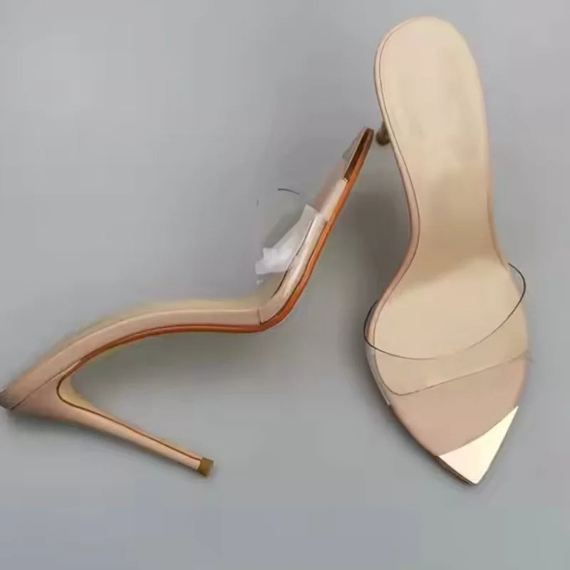 Arden Furtado Transparent PVC Mixed Colors Open Toe Metal Pointed Slip-On Super High Heel Word Slippers Extra Large Size