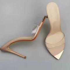 Arden Furtado Transparent PVC Mixed Colors Open Toe Metal Pointed Slip-On Super High Heel Word Slippers Extra Large Size