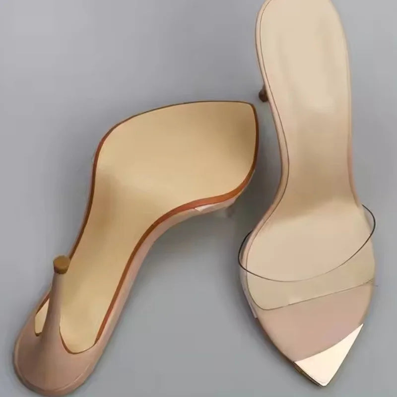 Arden Furtado Transparent PVC Mixed Colors Open Toe Metal Pointed Slip-On Super High Heel Word Slippers Extra Large Size