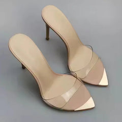 Arden Furtado Transparent PVC Mixed Colors Open Toe Metal Pointed Slip-On Super High Heel Word Slippers Extra Large Size