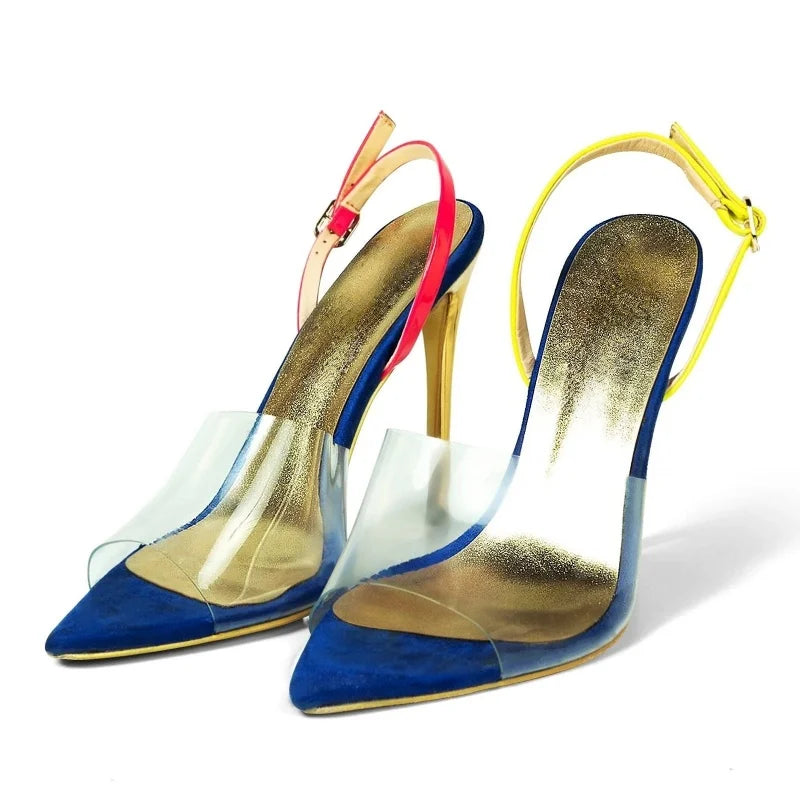 Arden Furtado Transparent PVC Mixed Colors Sandals Peep toe Pointed to Stilettos heels Back Strap One word buckle Sandals