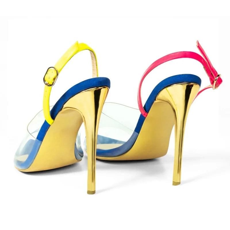 Arden Furtado Transparent PVC Mixed Colors Sandals Peep toe Pointed to Stilettos heels Back Strap One word buckle Sandals