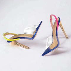 Arden Furtado Transparent PVC Mixed Colors Sandals Peep toe Pointed to Stilettos heels Back Strap One word buckle Sandals