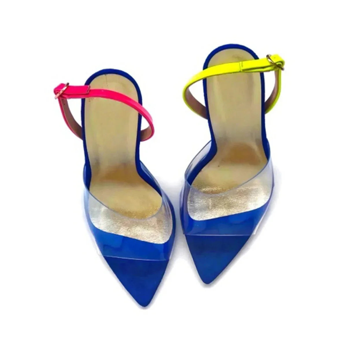 Arden Furtado Transparent PVC Mixed Colors Sandals Peep toe Pointed to Stilettos heels Back Strap One word buckle Sandals