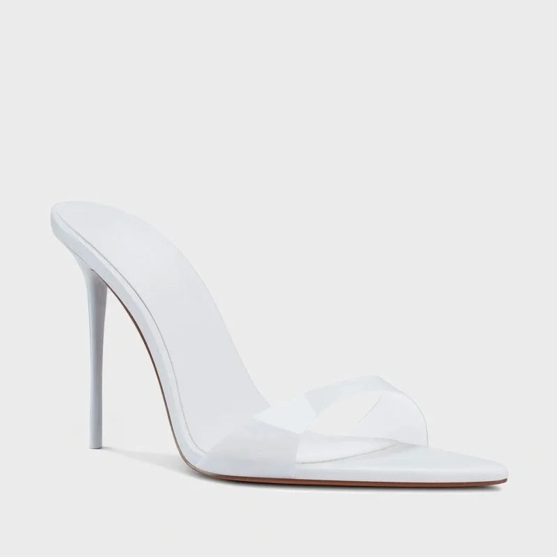 Arden Furtado Transparent PVC Thin heels Peep toe Mules pointed Slip-on Super high heel Word slippers white Wedding shoes
