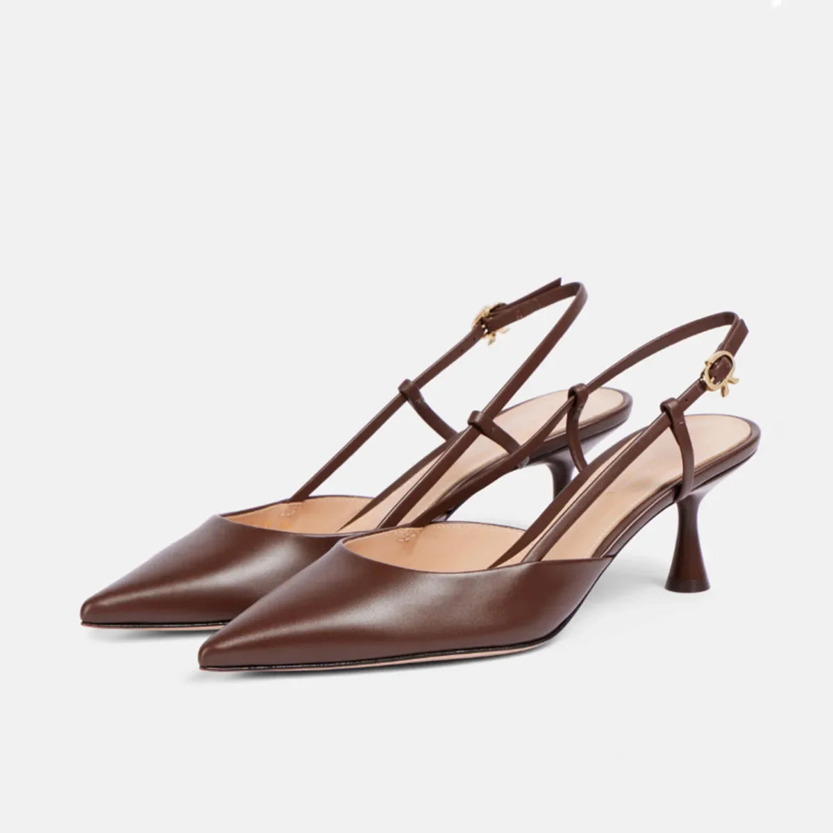 Arden Furtado White Cowhide Pointed-Toe Stilettos Heels Rear Trip Belt Closed Toe Sandals Buckle Strap Modern Sandals