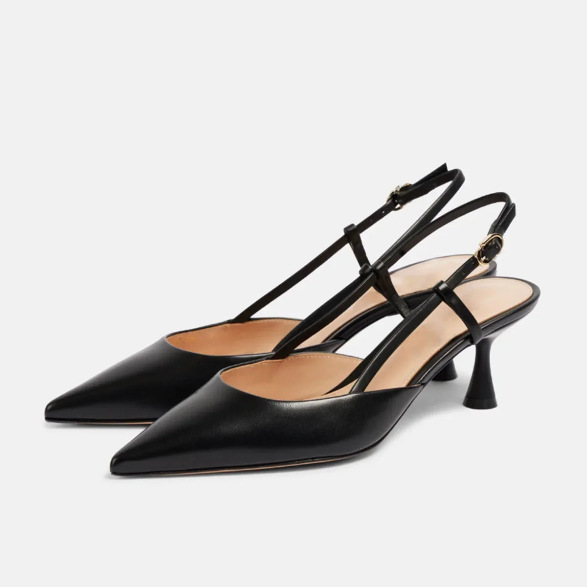 Arden Furtado White Cowhide Pointed-Toe Stilettos Heels Rear Trip Belt Closed Toe Sandals Buckle Strap Modern Sandals