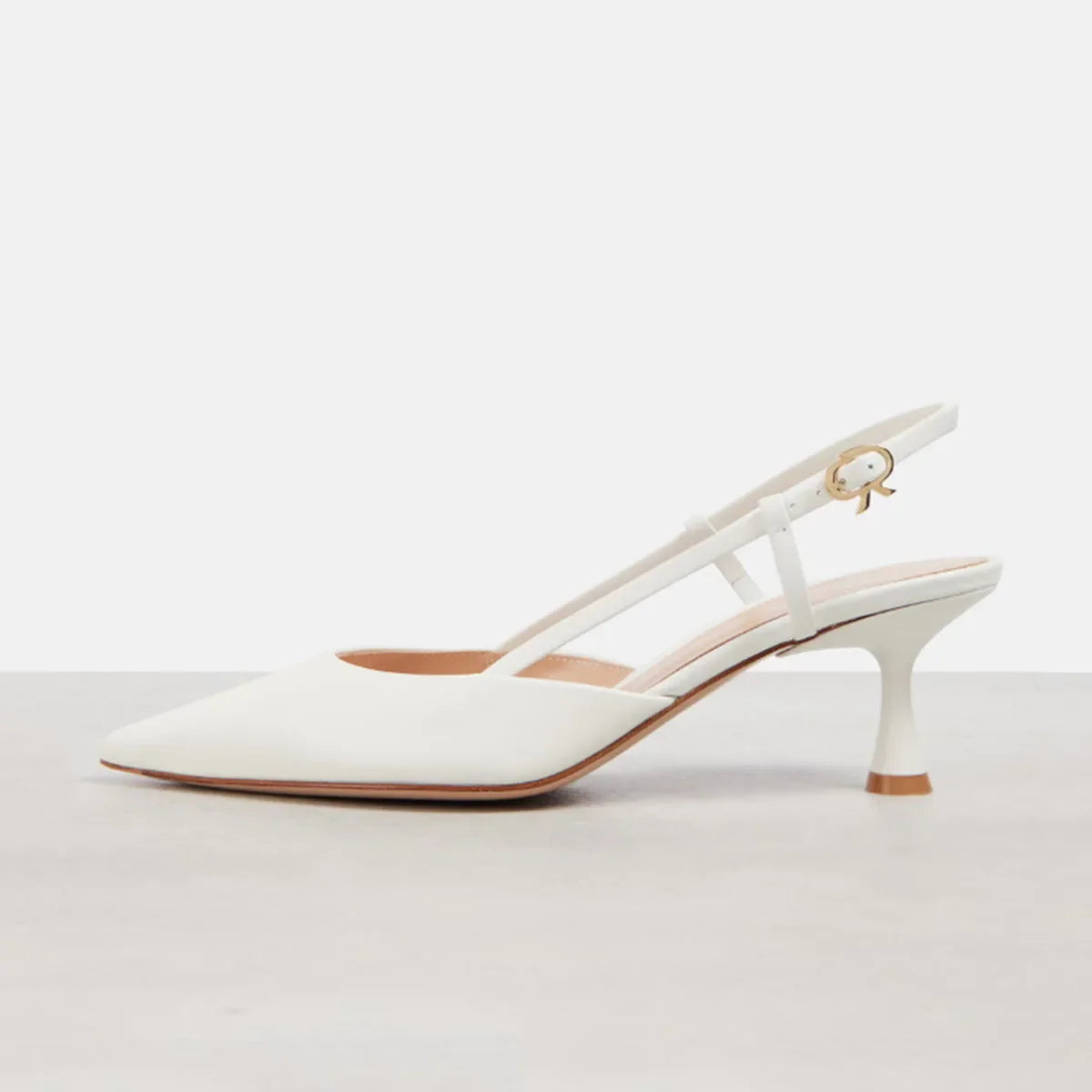 Arden Furtado White Cowhide Pointed-Toe Stilettos Heels Rear Trip Belt Closed Toe Sandals Buckle Strap Modern Sandals