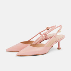 Arden Furtado White Cowhide Pointed-Toe Stilettos Heels Rear Trip Belt Closed Toe Sandals Buckle Strap Modern Sandals