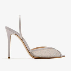 Arden Furtado White Mesh Pleated Crystal Banquet Shoes Pointed to Hollow Stilettos heels Back Strap Peep toe Sandals