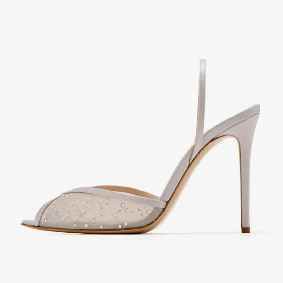 Arden Furtado White Mesh Pleated Crystal Banquet Shoes Pointed to Hollow Stilettos heels Back Strap Peep toe Sandals