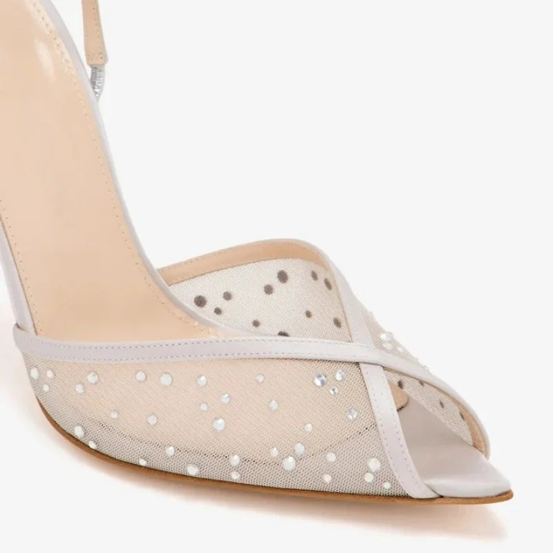 Arden Furtado White Mesh Pleated Crystal Banquet Shoes Pointed to Hollow Stilettos heels Back Strap Peep toe Sandals