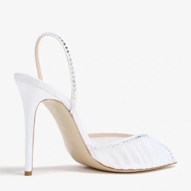 Arden Furtado White Mesh Pleated Crystal Wedding shoes Pointed to Stilettos heels Back Strap Peep toe Sandals