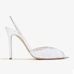 Arden Furtado White Mesh Pleated Crystal Wedding shoes Pointed to Stilettos heels Back Strap Peep toe Sandals