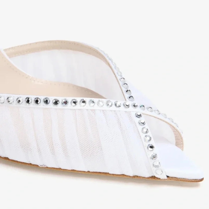 Arden Furtado White Mesh Pleated Crystal Wedding shoes Pointed to Stilettos heels Back Strap Peep toe Sandals