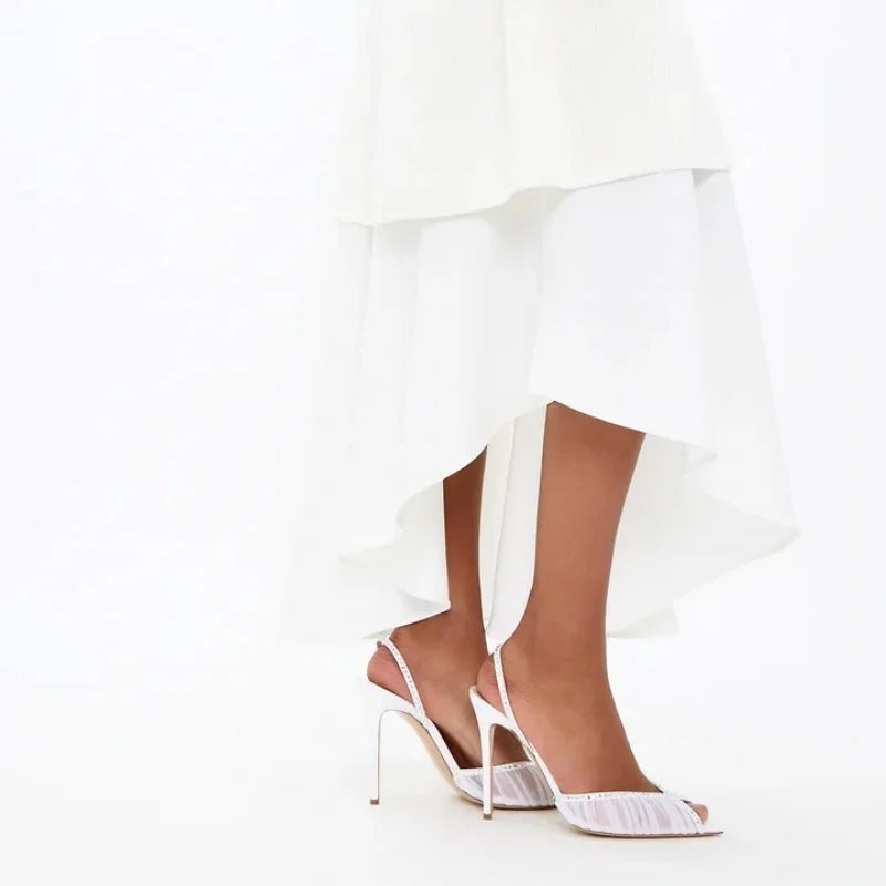 Arden Furtado White Mesh Pleated Crystal Wedding shoes Pointed to Stilettos heels Back Strap Peep toe Sandals
