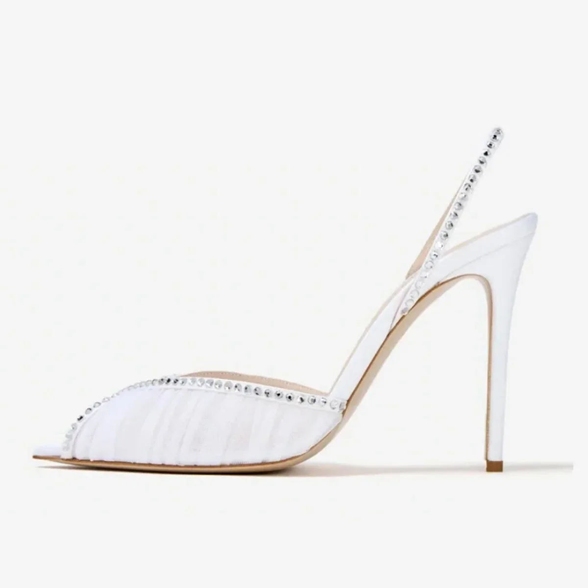 Arden Furtado White Mesh Pleated Crystal Wedding shoes Pointed to Stilettos heels Back Strap Peep toe Sandals